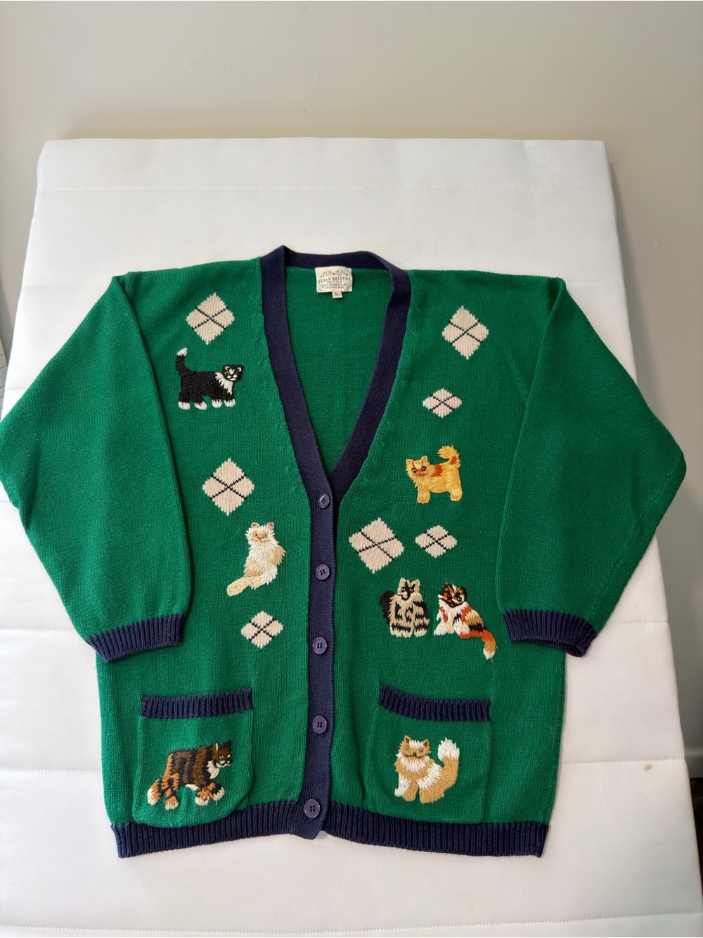 Vtg 1993 Susan Bristol Argyle Cat Embroidered Knit V-Neck Cardigan Sweater L